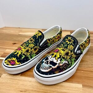 Vans Classic Slip-On Floral Skull Sunflower Black Sneakers Mens 7.5 Womens 9